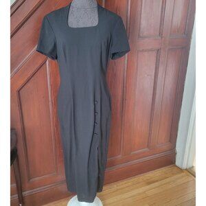 Vintage Marianna  Black Short Sleeve Midi Dress With Button Detail & Square Neck